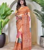 Orange bandhani printed silk blend saree with weaving blouse
