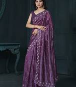 Purple thread embroidered silk blend party wear saree with blouse