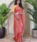 Peach bandhani printed tissue silk blend casual wear saree