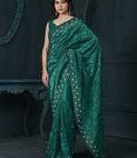 Teal green thread embroidered silk blend saree with blouse