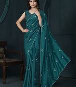Teal green diamond work crepe cocktail party wear saree