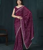 Wine jarkan work crepe reception wear saree with blouse