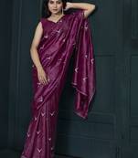 Wine jarkan work crepe reception wear saree with blouse