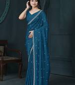 Teal blue diamond work crepe saree with blouse