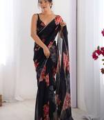 Black floral printed georgette party wear saree with blouse