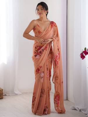 Peach floral printed georgette office wear saree with blouse 1