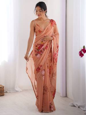 Peach floral printed georgette office wear saree with blouse 2