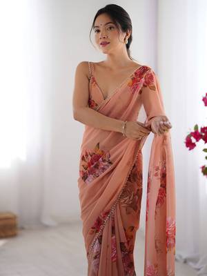 Peach floral printed georgette office wear saree with blouse 3