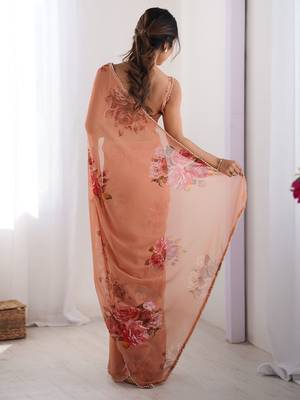 Peach floral printed georgette office wear saree with blouse 4
