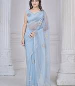 Sky-blue jarkan work organza event wear saree with blouse
