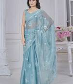 Sky-blue sequins party wear saree with silk blend blouse