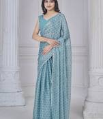 Sky-blue digital printed organza traditional saree with blouse