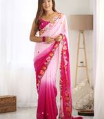 Pink thread embroidered georgette party wear saree