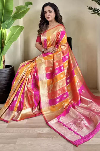 Multi-color zari weaving banarasi silk blend festival wear saree