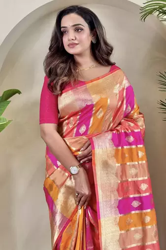 Multi-color zari weaving banarasi silk blend festival wear saree