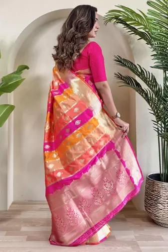 Multi-color zari weaving banarasi silk blend festival wear saree