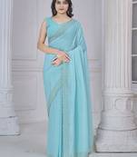 Sky-blue border work organza bollywood saree with blouse