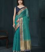 Sea green beads work jacquard traditional saree with blouse