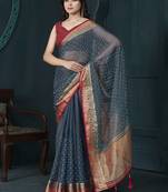 Blue beads work jacquard event wear saree with blouse