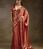 Coral orange jarkan work satin designer saree with blouse