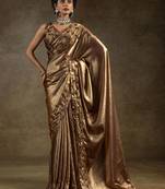 Golden satin party wear saree with jarkan work blouse
