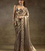 Golden jarkan work satin party wear saree with blouse