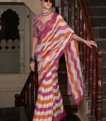 Pink printed cotton office wear saree with blouse