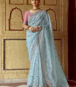 Sky-blue thread embroidered organza engagement wear saree
