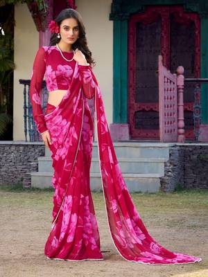 Pink floral printed chiffon office wear saree with blouse 1