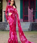 Pink floral printed chiffon office wear saree with blouse