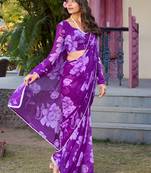 Purple floral printed chiffon casual wear saree with blouse