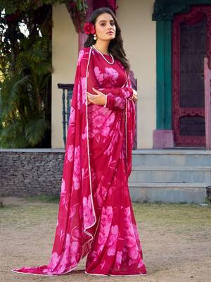 Pink floral printed chiffon office wear saree with blouse 2