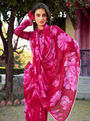 Pink floral printed chiffon office wear saree with blouse 3