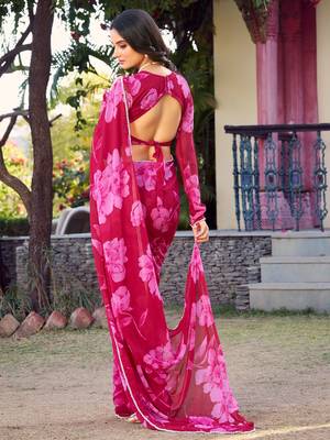 Pink floral printed chiffon office wear saree with blouse 4