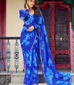 Blue floral printed chiffon office wear saree with blouse
