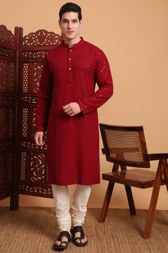 Red rayon luckhnowi chikankari work men's kurta
