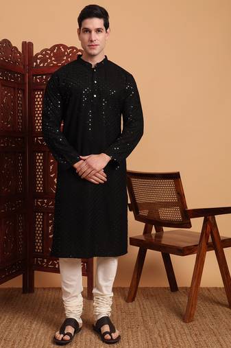 Black rayon luckhnowi chikankari work men's kurta