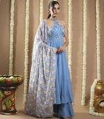 Blue georgette halter neck anarkali set