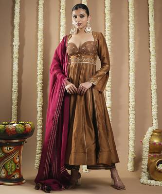 Antique golden silk anarkali set 1