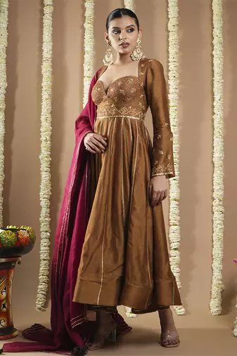 Antique golden silk anarkali set