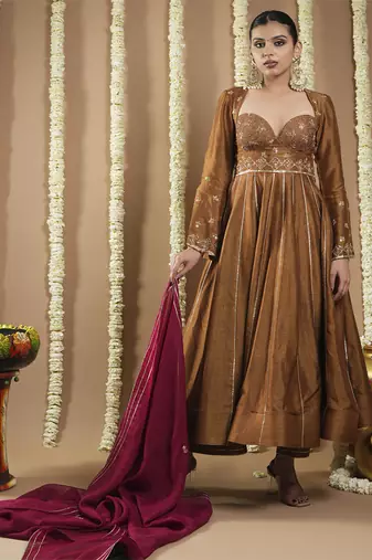 Antique golden silk anarkali set