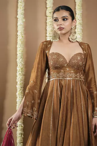 Antique golden silk anarkali set