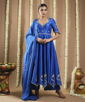 Royal blue silk cutwork anarkali set 1