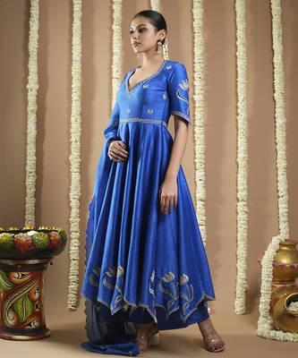 Royal blue silk cutwork anarkali set 2