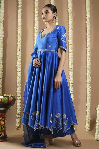 Royal blue silk cutwork anarkali set