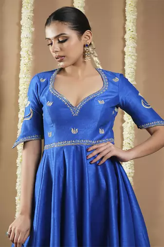 Royal blue silk cutwork anarkali set