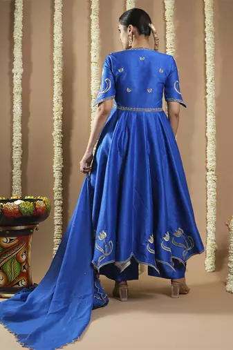 Royal blue silk cutwork anarkali set