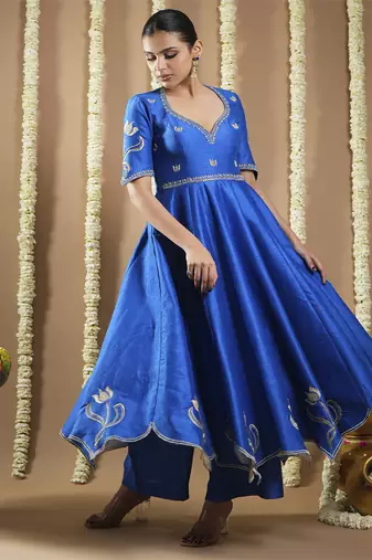 Royal blue silk cutwork anarkali set