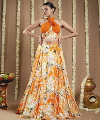 Forest orange   printed corset drape indo lehenga set 1
