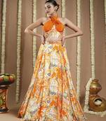 Forest orange   printed corset drape indo lehenga set